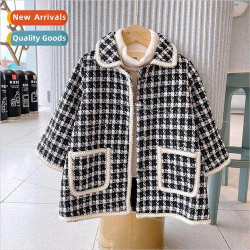 2023 spring new fall girls plaid tweed coat little girl fall