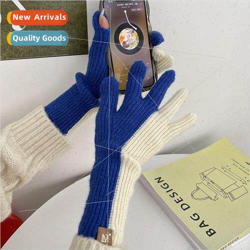 Autumn and winter two-color knitted wool gloves warm female