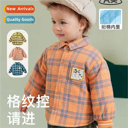 2023 winter new boys shirt cotton plaid brushed warm quilted