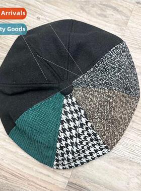 Korean retro color blocking tweed beret Japanese thousand bi