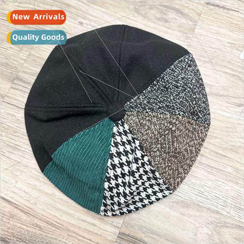 Korean retro color blocking tweed beret Japanese thousand bi
