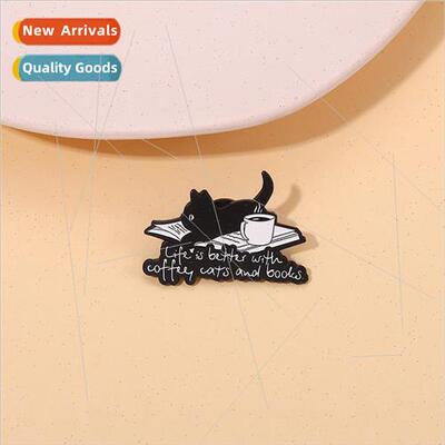 Climbing on the book little black cat brooch black coffee ba