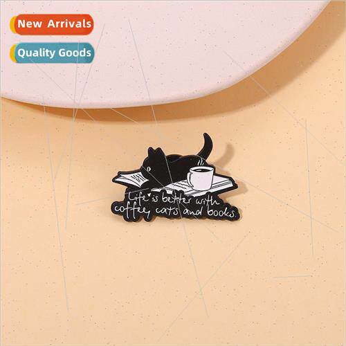 Climbing on the book little black cat brooch black coffee ba