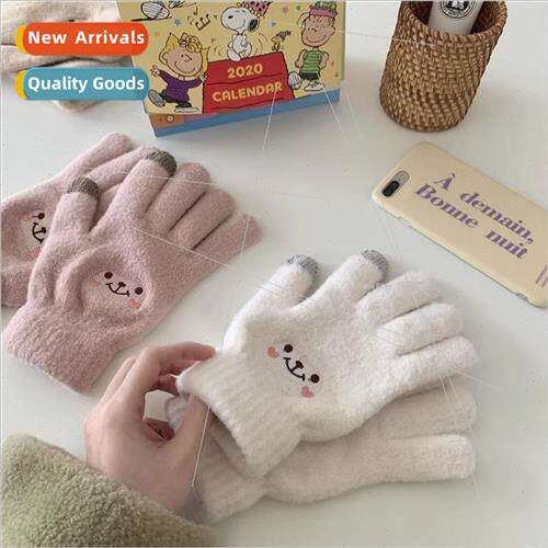 Ins cartoon mink velvet smiley gloves winter padded warm out
