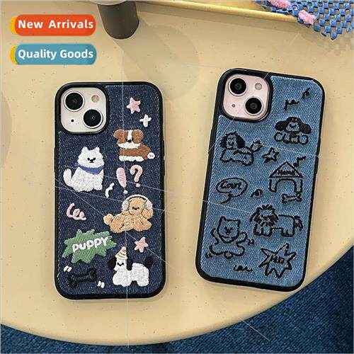 Korean  ins cowboy embroidery dog 适用 Apple 13/14ProMax pho