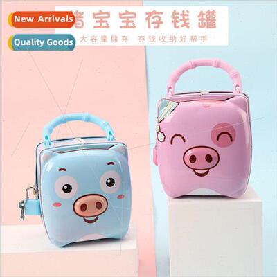 New Years greeting handheld piggy bank cartoon with lock sav