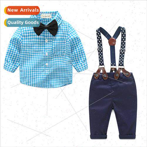 childrens clothing Plaid shirt bow tie back pants set