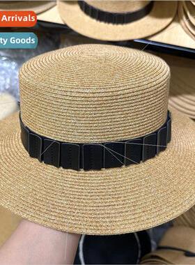 British  black belt decorated flat top straw hat female stra