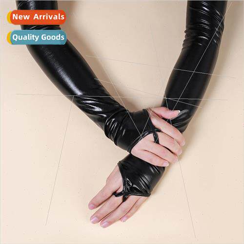Womens Leather Gloves Velvet Sleeves Open Finger Gloves Long