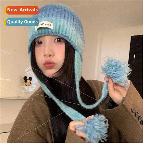 Cute retro gradient color labeling flight cap wool cap autum