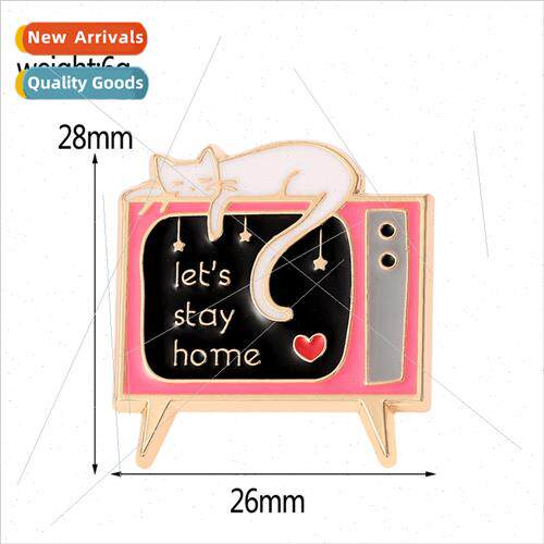 Creative personalized kitten TV brooch let`s stay home pin w