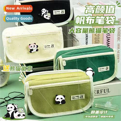 Panda Flower Multi-Layer Pen Pouch Multi-functional Canvas D