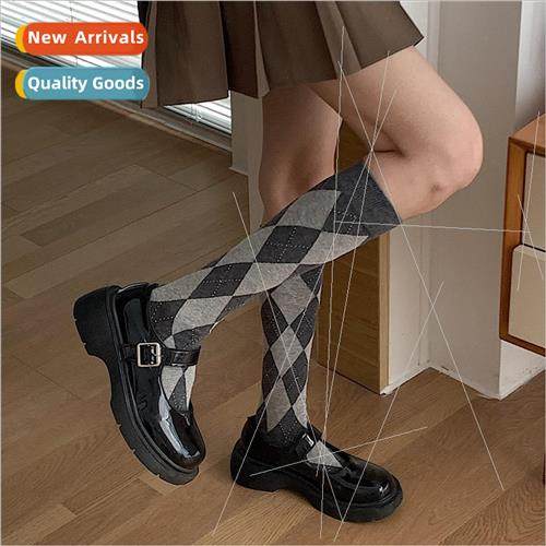 Diamond plaid calf socks women vintage British  JK and knee-