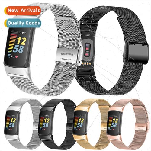适用 Fitbit charge6 snap Milanese watch band charge5 stainle