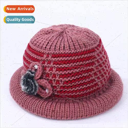Autumn and winter elderly hat female pot hat padded warm kni