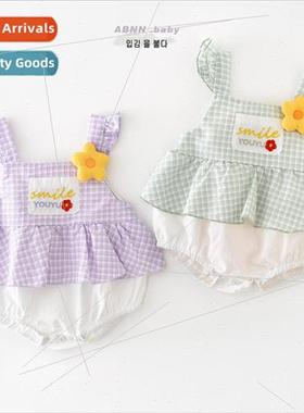 Baby summer sling package ass onesie female baby plaid splic