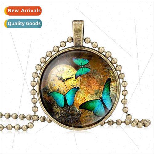 Vintage Sweater Chain Butterfly Pattern Time Gemstone Neckla