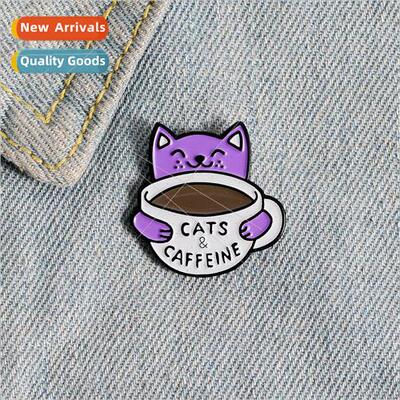 Cartoon cute kitten drinking coffee enamel alloy brooch pers