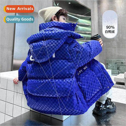 Childrens mid-length plaid hooded down jacket 2023 new thick