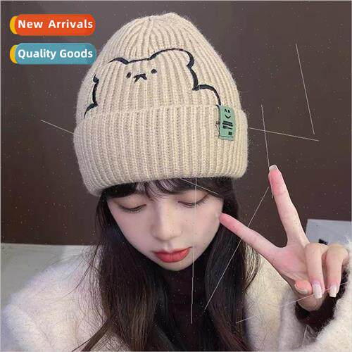 Hat womens fall and winter with cute bear embroidered wool c