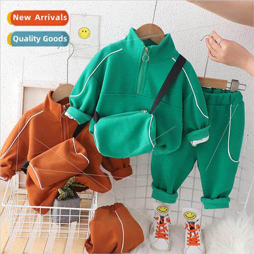 2023 Autumn new boys stand collar half zipper satchel casual