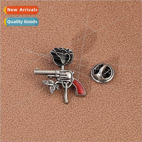 Dark Rose Pistol Brooch Vintage Personalized Gothic Alloy Oi