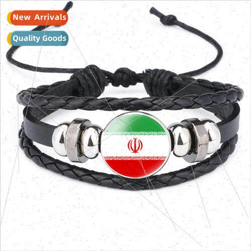 Asian Flags Time Gemstone Hand Woven Leather Bracelet Israel