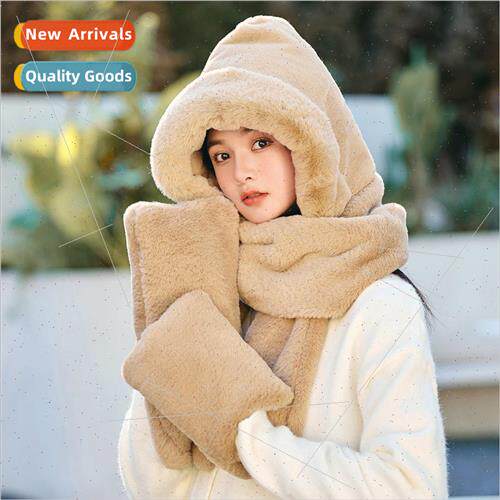 Hat female winter thickened plush one-piece scarf three-piec