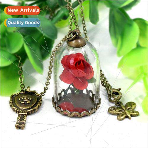 Beauty and the Beast Glass Cover Necklace Key Butterfly Rose
