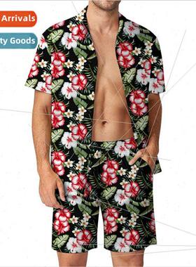 Euro ze Mens Casual Loose Shirt Set Hawaiian Seaside 3d Digi