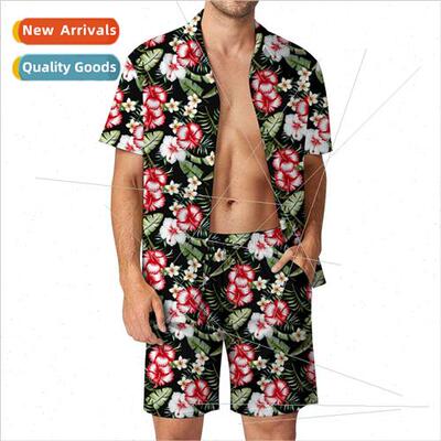 Euro ze Mens Casual Loose Shirt Set Hawaiian Seaside 3d Digi