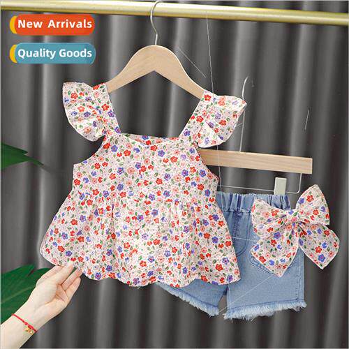 Girls summer suit female baby summer floral fly sleeve top s