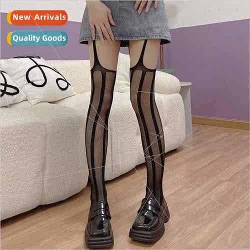 Wide vertical striped garter skeletonized pantyhose vertical