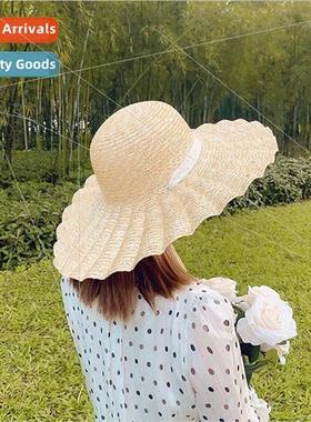 New shell pleated strapped straw outdoor beach hat styling r