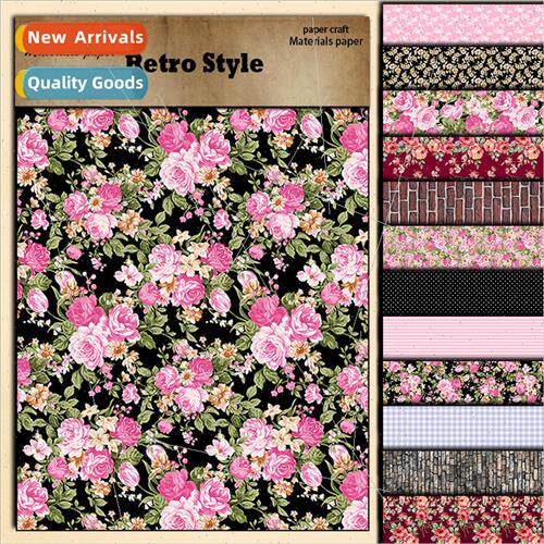 Vintage material paper 12 pink flowers black plaid diy handb