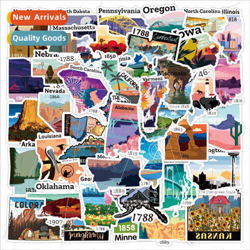 50 USA Map Slogan Stickers United States of America City Map