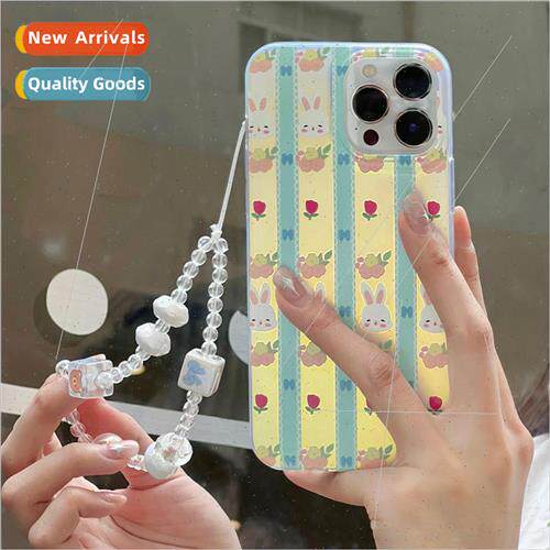 ins light blue striped flowers rabbit 适用 Apple 13 phone ca
