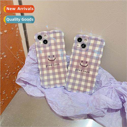 New blue plaid twisted edge smiley face 适用 Apple 14ProMax