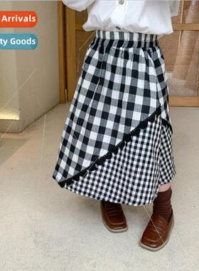 20 fall new Japanese retro  girls splicing plaid half-body s