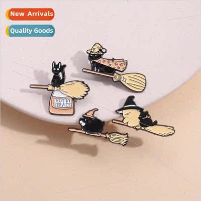 Cartoon Animal Creative Riding Broom Kitten Brooch Black Cas