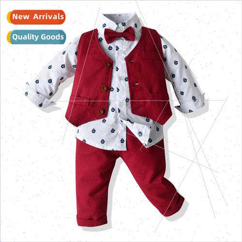 Boys suit fall and winter printing shirt bow tie vest pants