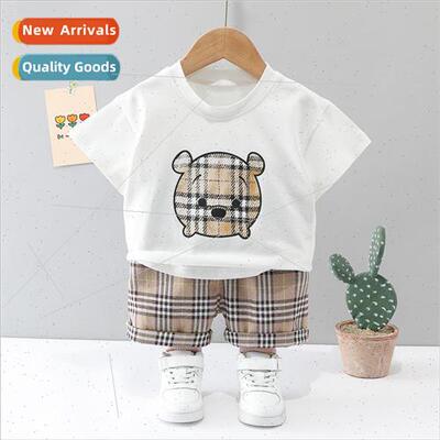 2023  plaid bear girls two-piece summer new influx of childr