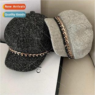 Autumn and winter new octagonal cap female chain bright silk