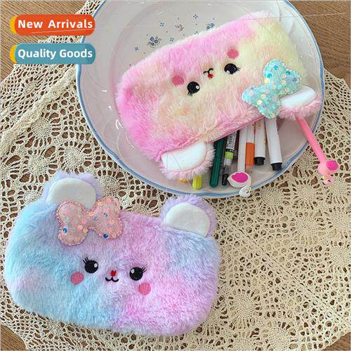 New cute colorful bow bear pencil case plush girl heart stud