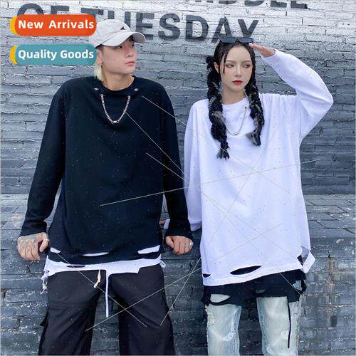 ins hole T-shirt mens long-sleeved metal decoration Hong Kon