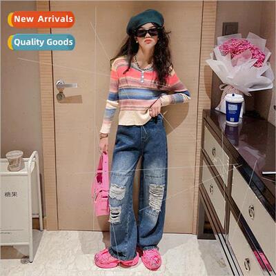 Girls hole straight jeans 2023 fall new childrens inflated f