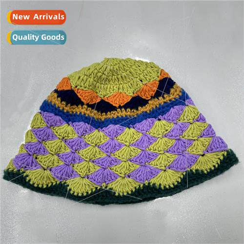 Mori system color clash diamond grid handmade knitted cap ho
