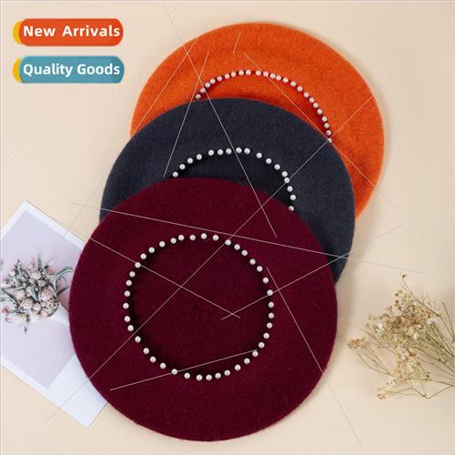 Autumn and winter pearl rhinestone wool knitted beret tweed