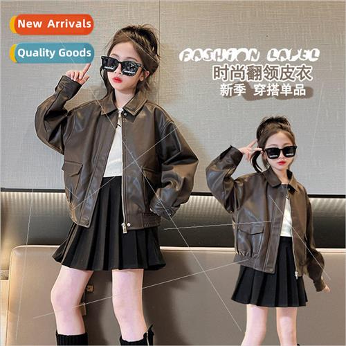 Girls leather jacket spring and fall 2023 new childrens fall