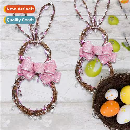 Easter wreath with bow LED lights light up rattan circle pen